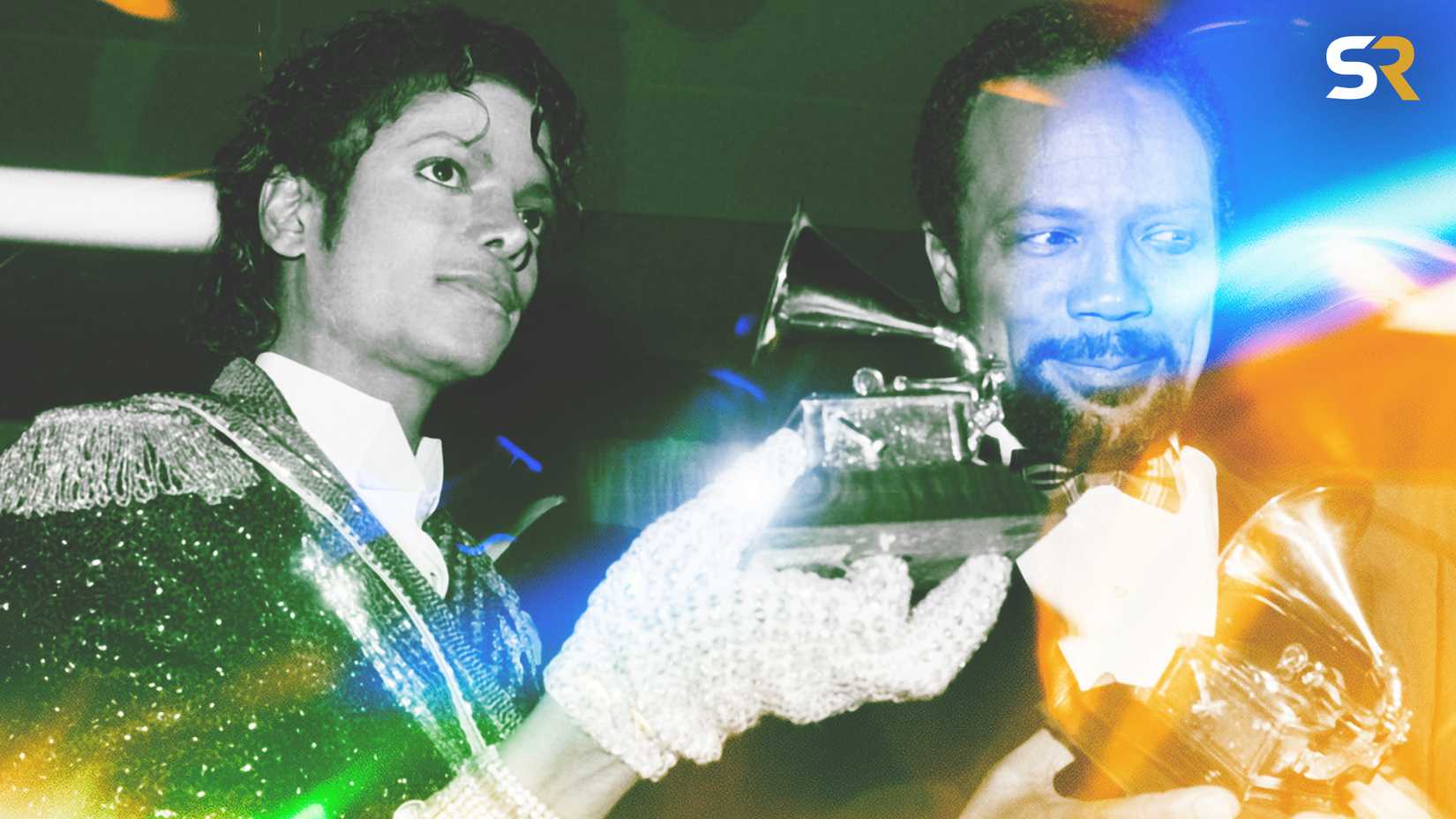Quincy Jones holding a Grammy while standing next to Michael Jackson during the Thriller era.