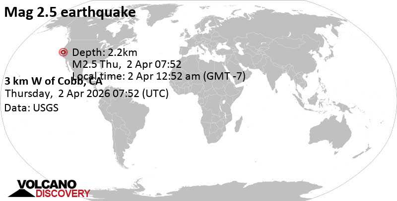 2.5 quake 12 mi southwest of Clearlake, Lake County, California, United States, Apr 2, 2026 12:52 am (GMT -7)