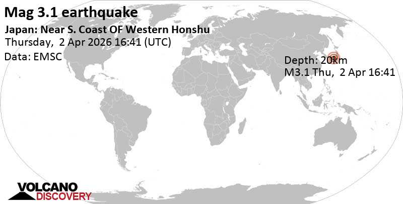 3.1 quake Hyōgo, 51 km northwest of Osaka, Osaka, Japan, Apr 3, 2026 01:41 am (GMT +9)
