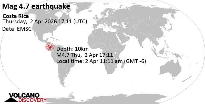 4.7 quake North Pacific Ocean, Costa Rica, Apr 2, 2026 11:11 am (Costa Rica time)