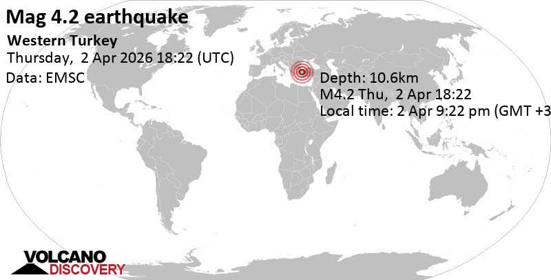 4.2 quake 51 km northeast of Akhisar, Manisa, Turkey, Apr 2, 2026 09:22 pm (GMT +3)