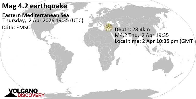 4.2 quake Eastern Mediterranean, 60 km south of Beykonak, Antalya, Turkey, Apr 2, 2026 10:35 pm (GMT +3)