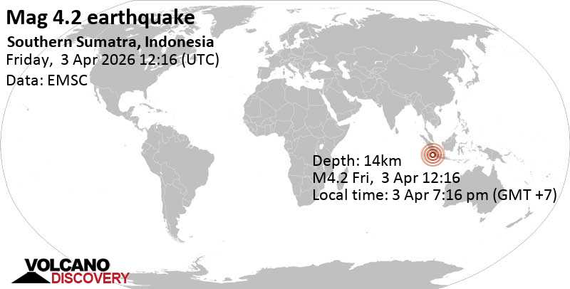 4.2 quake Indian Ocean, 111 km east of Pulau Enggano Island, Bengkulu, Indonesia, Apr 3, 2026 07:16 pm (GMT +7)