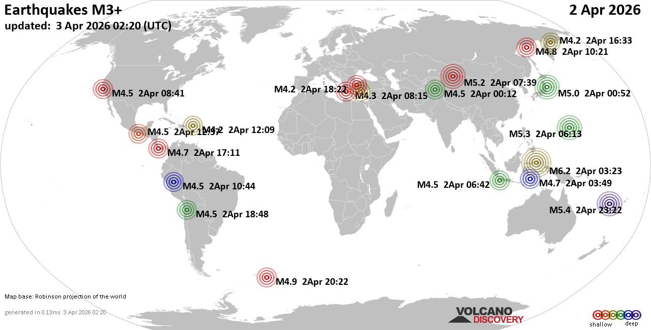 Worldwide earthquakes above magnitude 3 during the past 24 hours on 3 Apr 2026