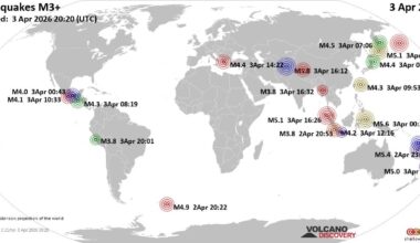 Worldwide earthquakes above magnitude 3 during the past 24 hours on  3 Apr 2026
