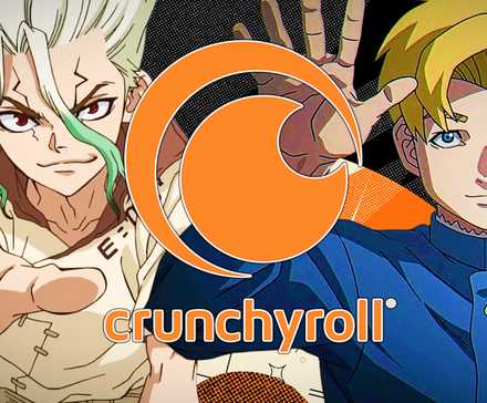 Rafal from Orb On the Movements of the Earth and Senku from Dr. Stone with the Crunchyroll logo