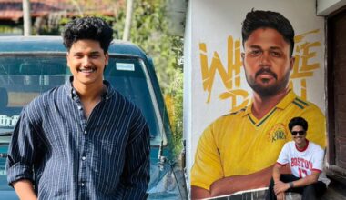 1) Rashid Saulaiman, 2) Rashid sits in front of his graffiti tribute to cricketer Sanju Samson. Photos: Special Arrangement.