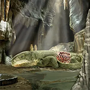 289-million-year-old reptile Captorhinus aguti, first human ancestor to rib breathe, in its death pose in a cave system. Credit: Dr. Michael DeBraga