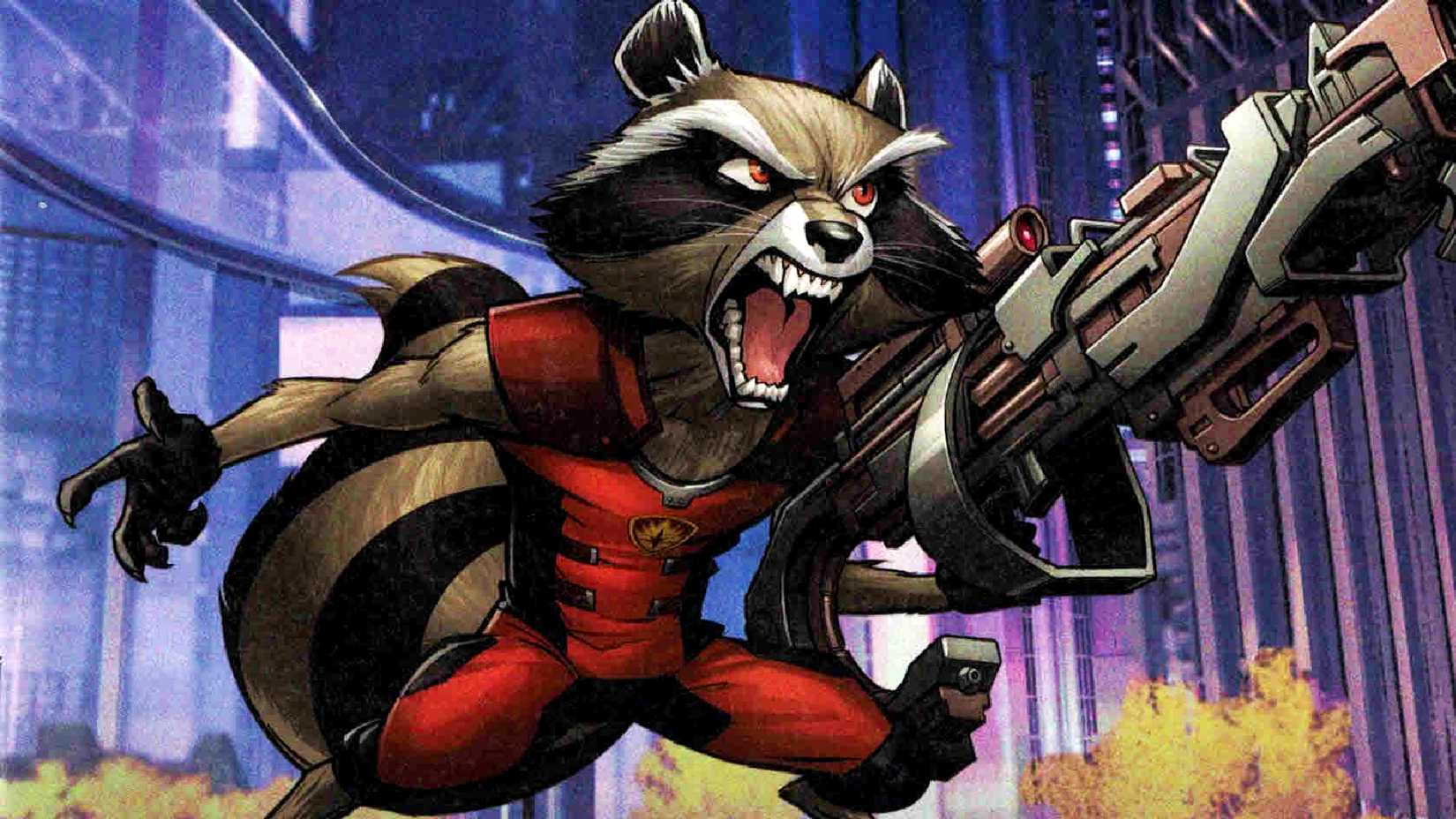 Rocket Raccoon screams while carrying a huge gun in Guardians of the Galaxy variant cover