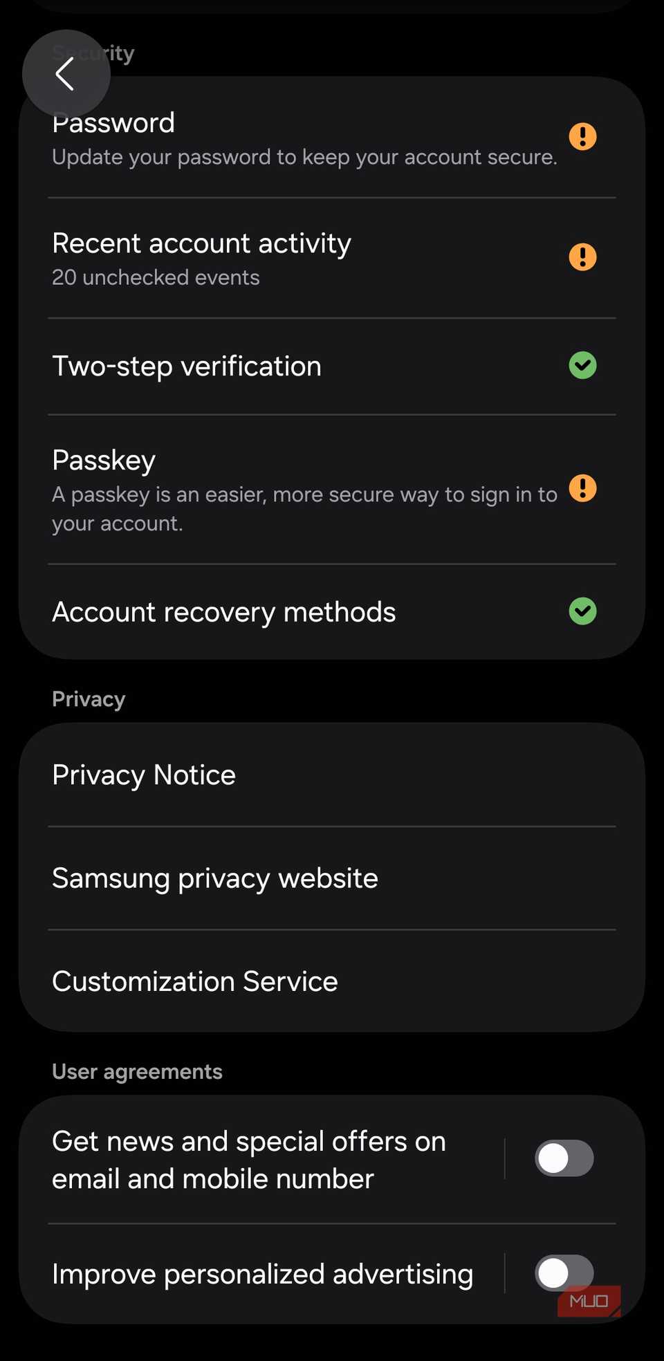 Samsung account settings menu