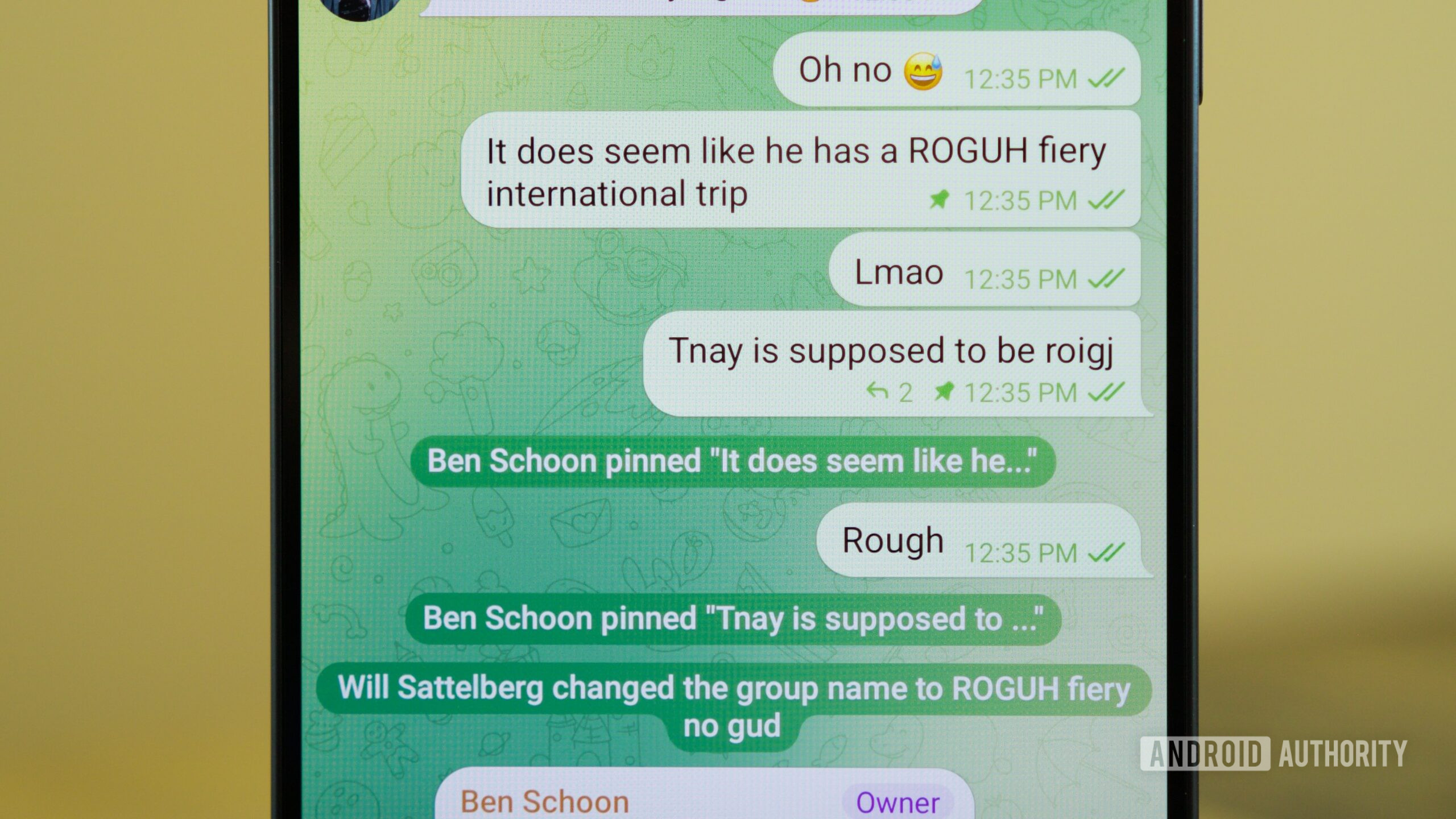 A group chat with typo-ridden messages, typed with Samsung Keyboard.