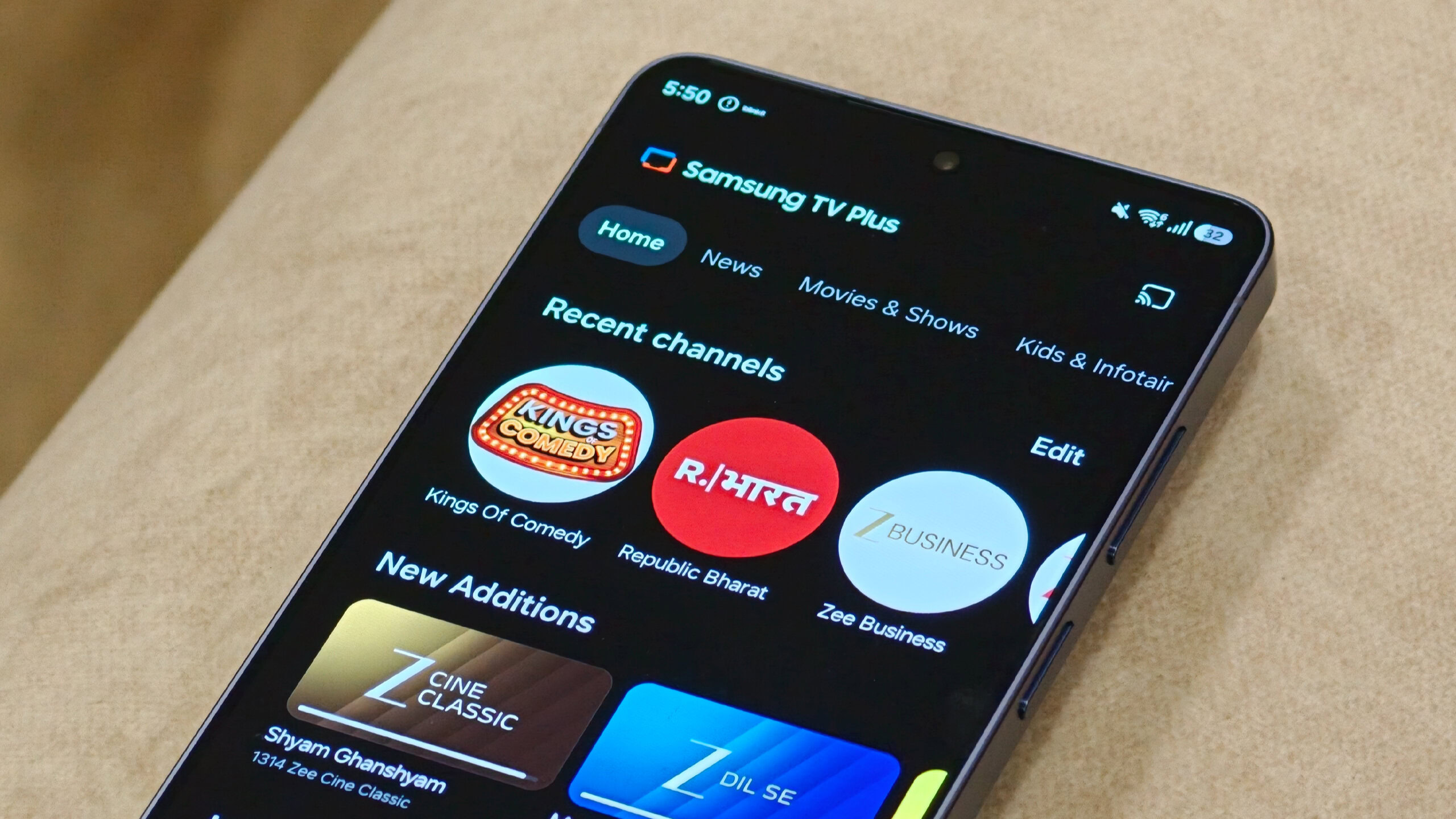 Samsung TV Plus app with ad-supported content on a Galaxy S26 Ultra