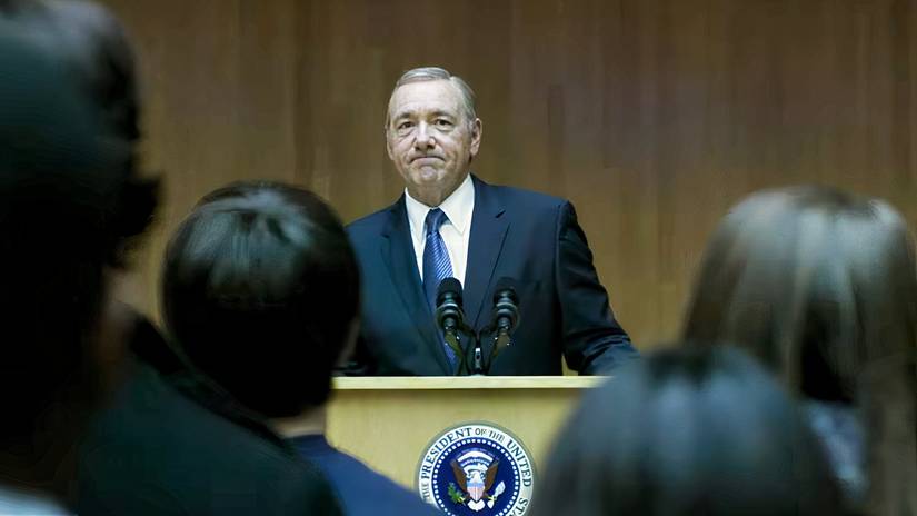 Kevin Spacey speaking to a crowd in House of Cards