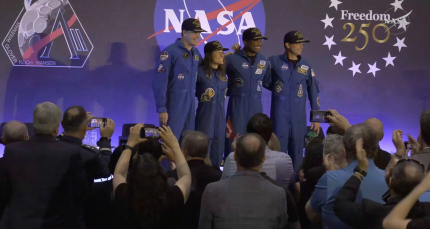 (From left) Artemis II astronauts Jeremy Hansen, Christina Koch, Victor Glover and Reid Wiseman are seen onstage Saturday at Ellington Field at Johnson Space Center in Houston.