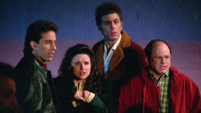 Jerry, Elaine, Kramer, and George looking scared in Seinfeld