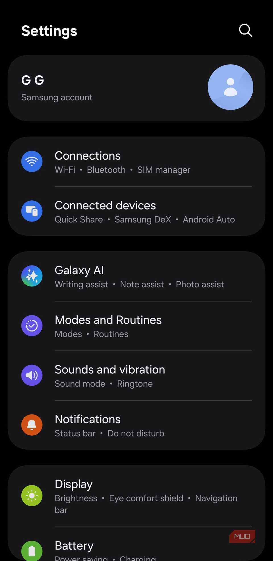 Settings app on Samsung Galaxy phone