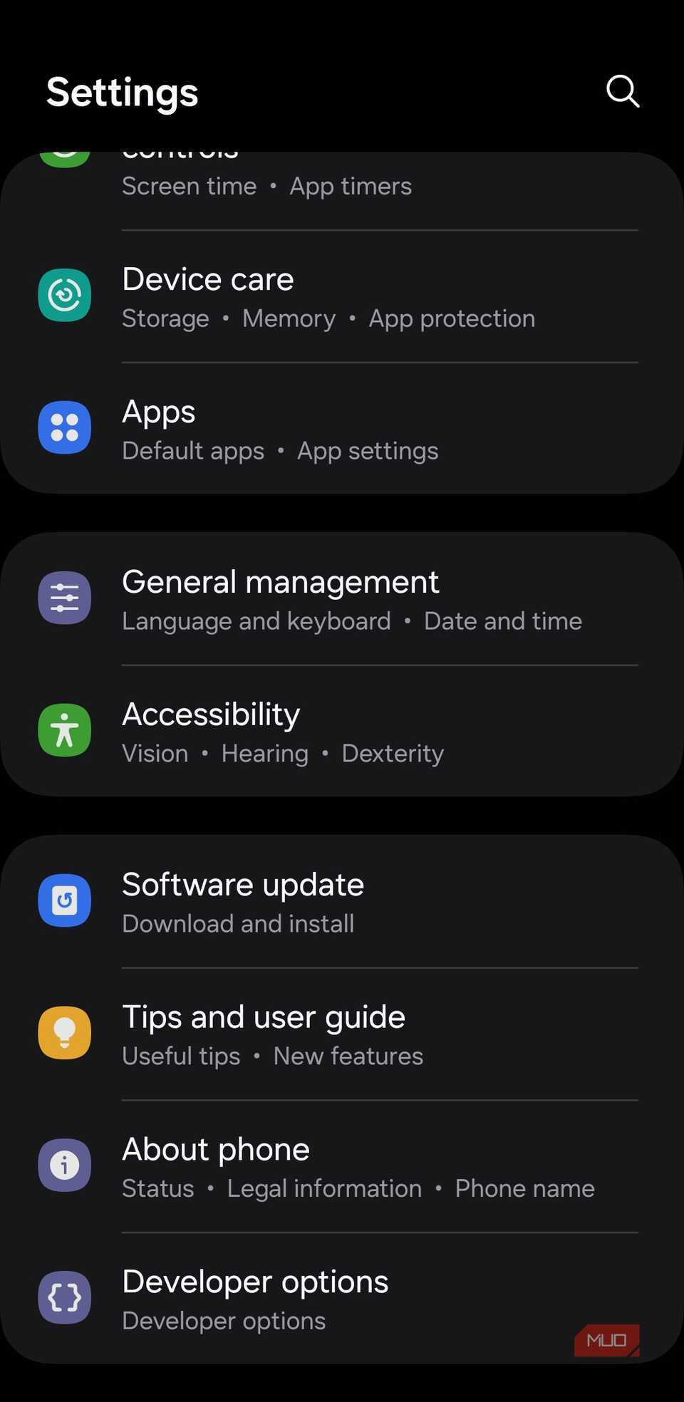 Settings app on Samsung phone-1