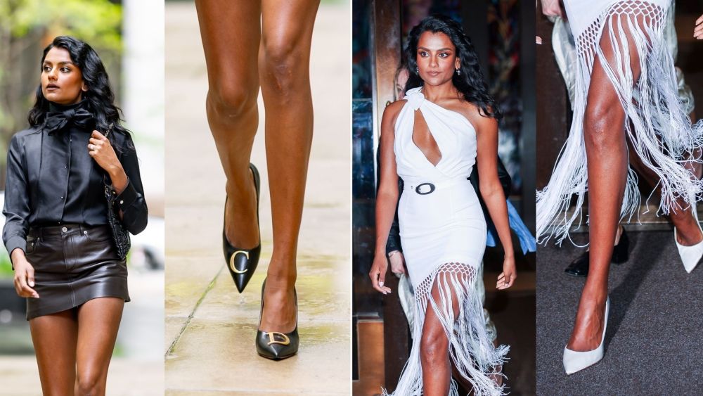 Simone Ashley in Dior's black Initial Pumps and Jimmy Choo's Love Pumps in Ivory on Friday.