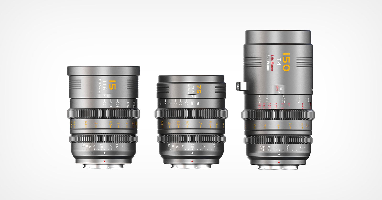 Three professional camera lenses of varying heights are displayed upright side by side against a white background. Each lens has a metallic finish with engraved numbers and markings in yellow, orange, and white.