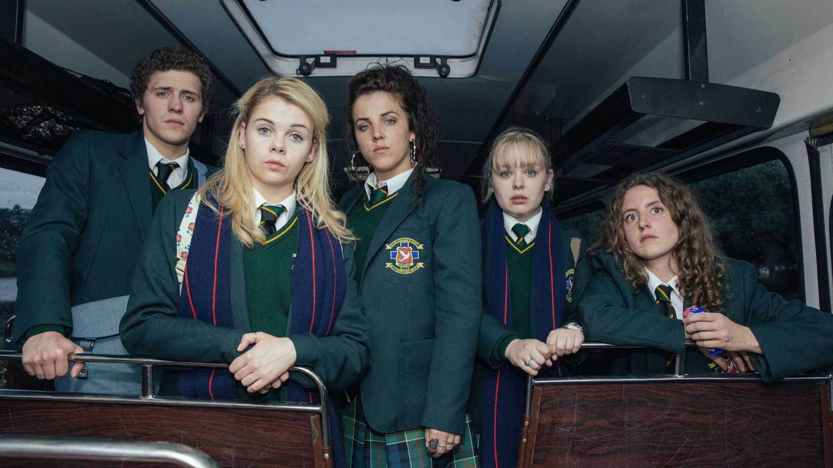James, Erin, Michelle, Claire, and Orla in the sitcom Derry Girls.