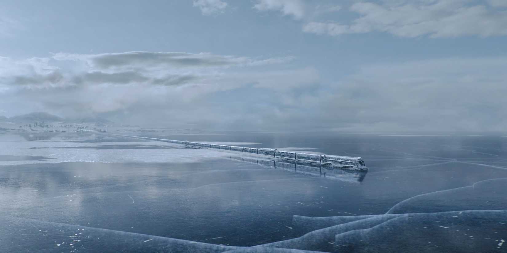 The Snowpiercer traveling over the frozen ocean in Snowpiercer Season 4 Episode 10