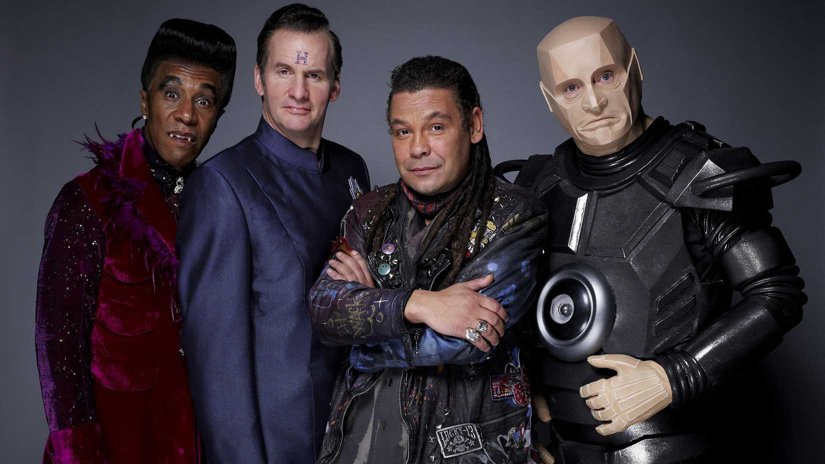 Cat, Rimmer, Lister, and Kryten