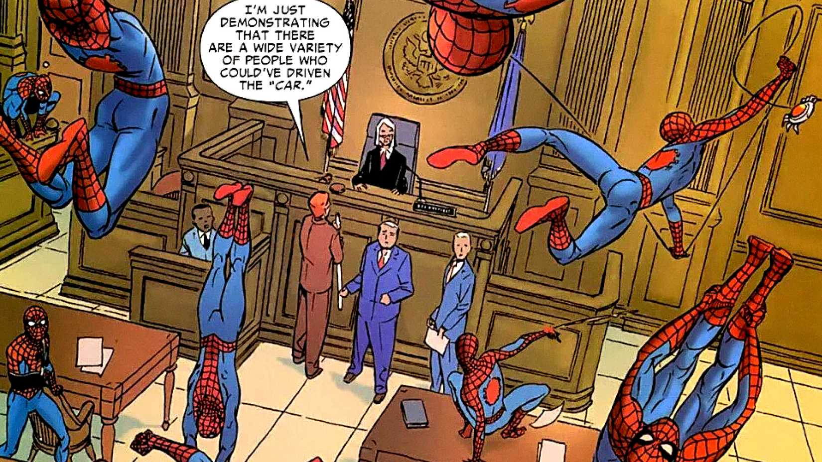 Spider-Man swings around the courtroom while Matt Murdock defends him in Marvel Comics