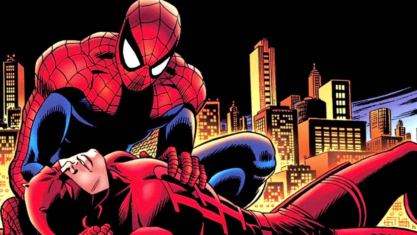 Spider-Man watches an unconscious Daredevil after fighting Kingpin in Marvel's To the Death