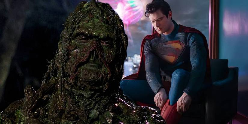Split image of movie Swamp Thing and DCU Superman suit reveal image