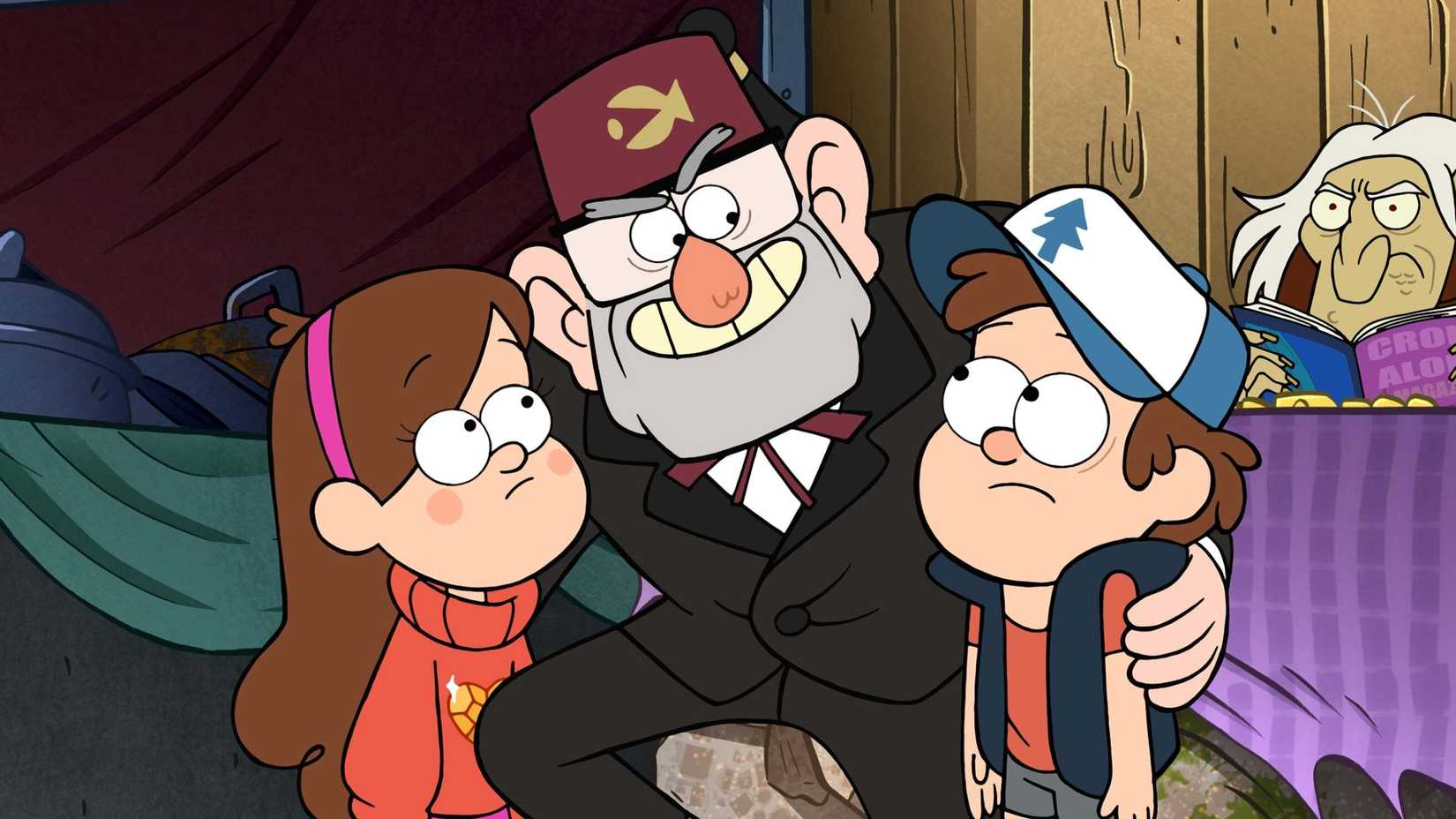 Stan hugging Mabel and Dipper in Gravity Falls