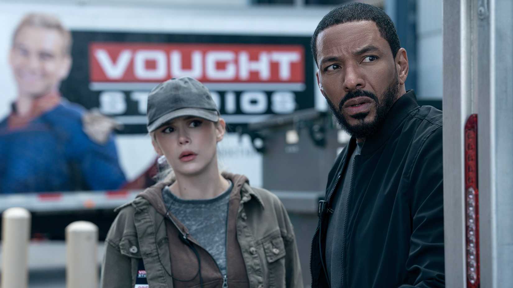 Starlight (Erin Moriarty) and MM (Laz Alonso) undercover and looking cautious in The Boys season 5