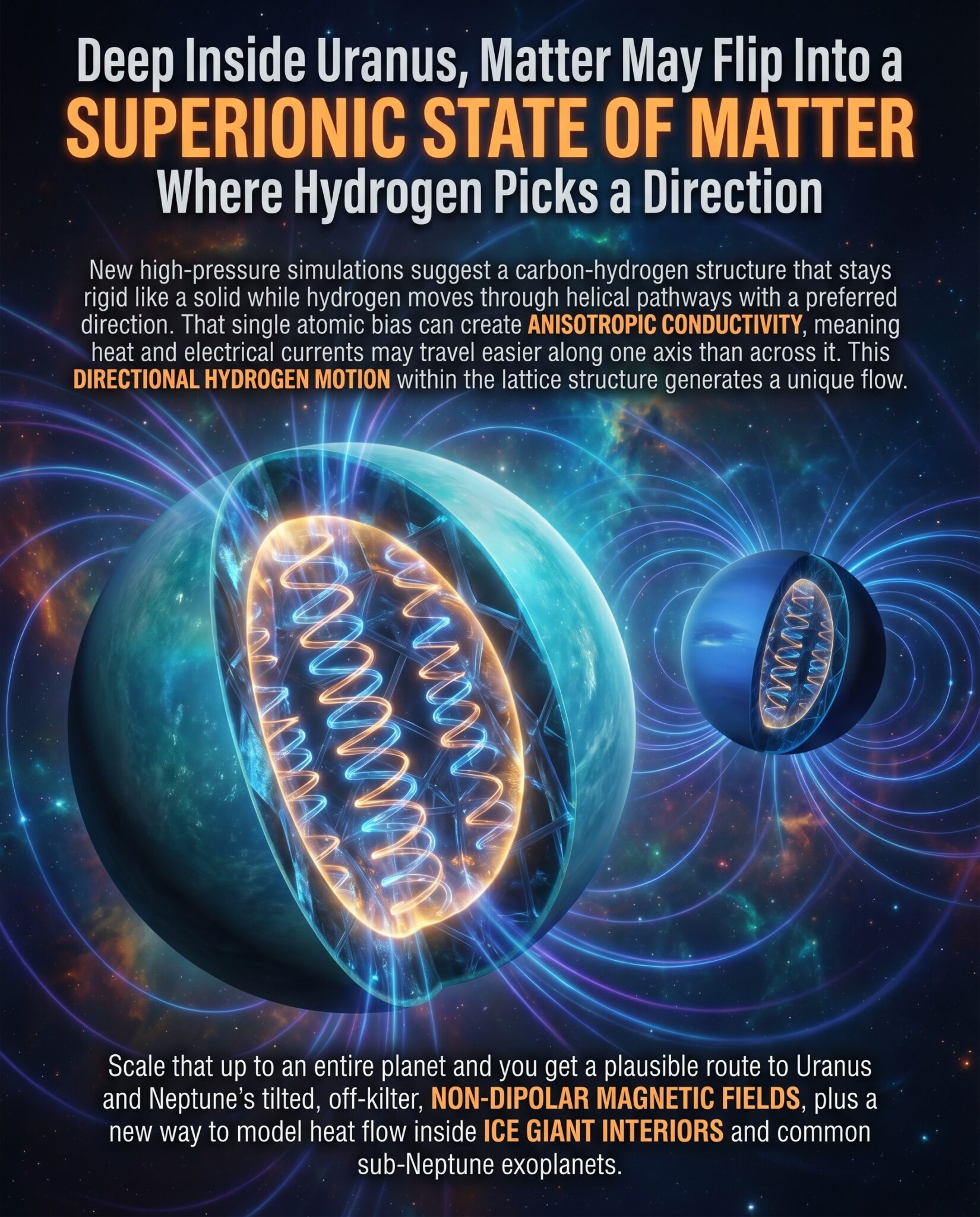 A 4:5 meme-style cutaway of Uranus and Neptune showing glowing helical interior pathways and lopsided magnetic field arcs, explaining a predicted superionic state of matter and directional hydrogen motion.
