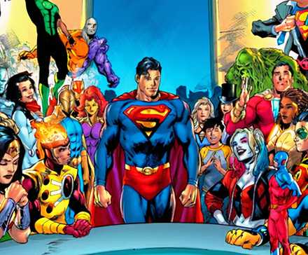 Superman at the head of a conference table with members of the Justice League crowded into the room.