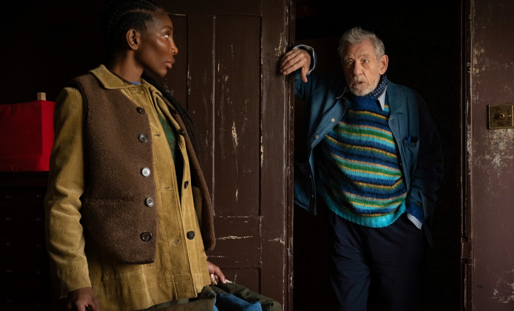 Michaela Coel and Ian McKellen in "The Christophers" (Claudette Barius/NEON)