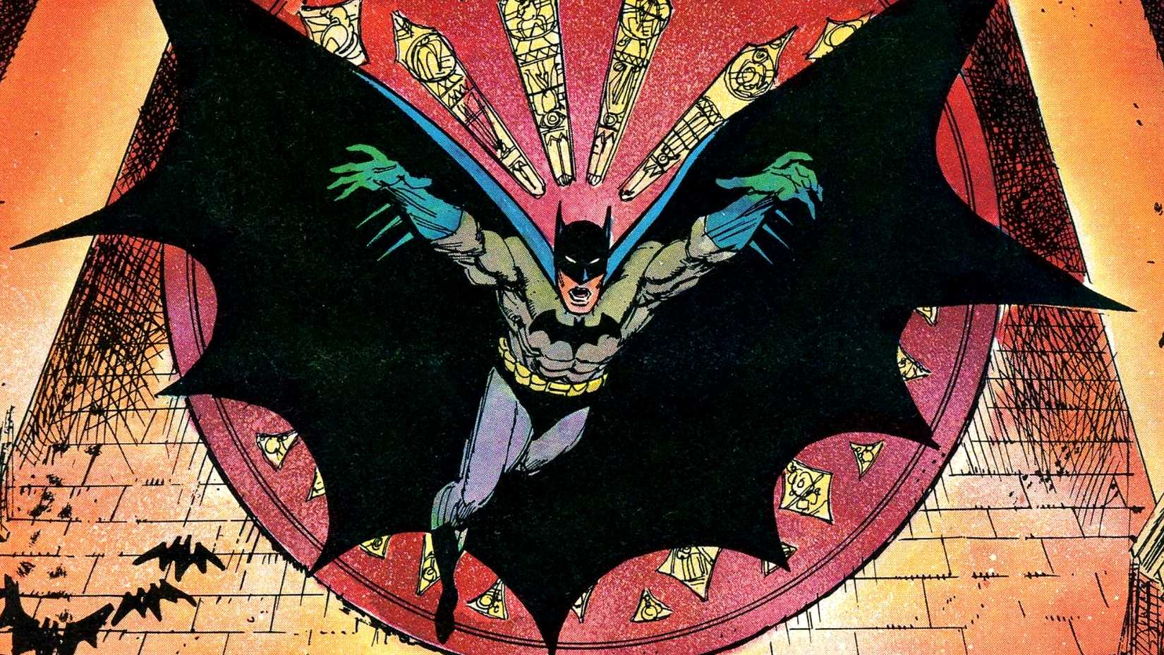 The Dark Knight glides in front of a church's stained glass in Batman Gothic cover