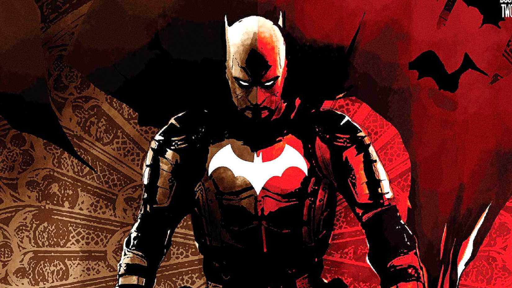 The Dark Knight is lit by red light in Batman The Imposter cover