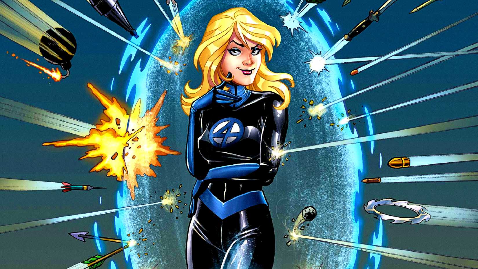 The Fantastic Four's Sue Storm aka the Invisible Woman shields herself from a variety of weapons using her force fields