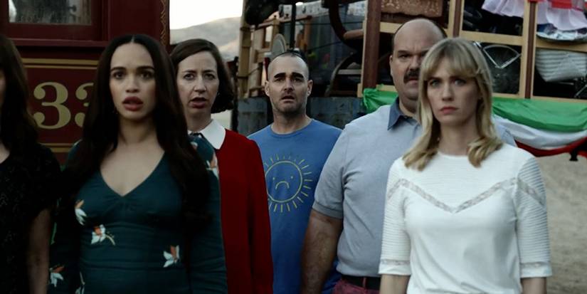 The cast of The Last Man on Earth in the episode "Cancun, Baby!" All five characters have a shocked look on their faces