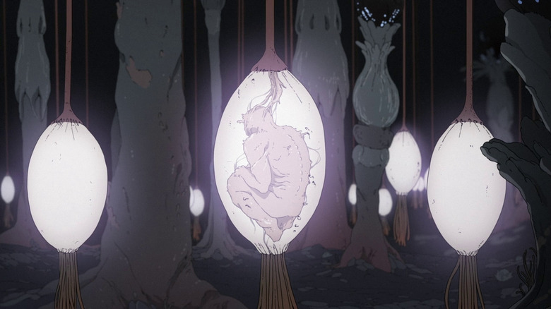 A humanoid creature developing in an unidentifiable plant