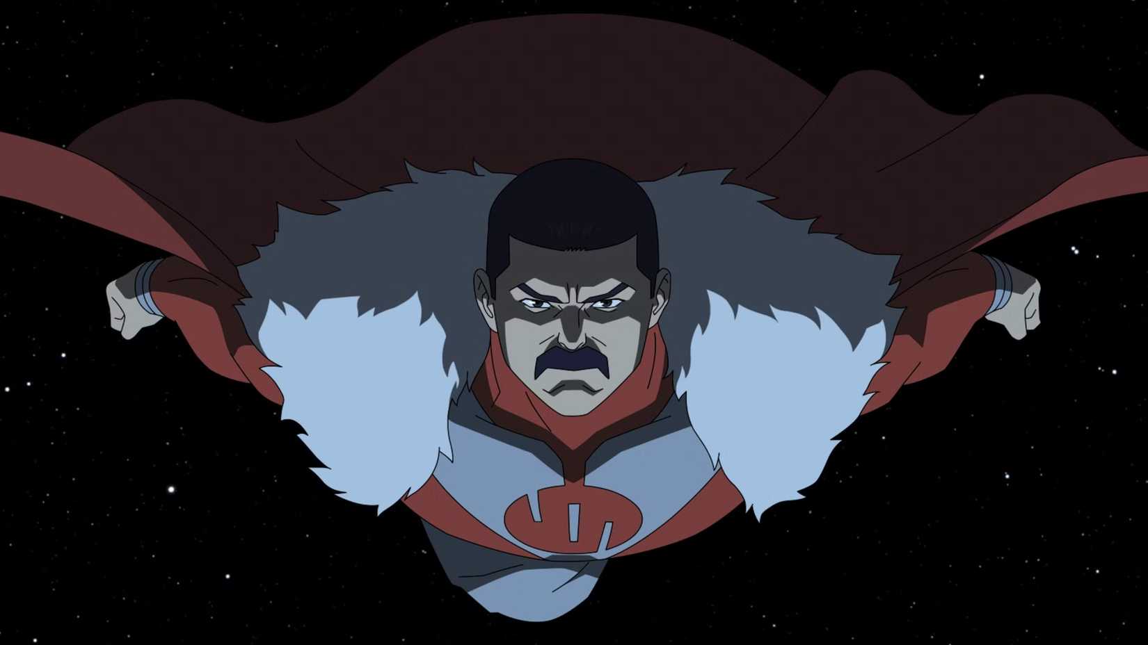 A close-up of Thragg (Lee Pace) flying through space in Invincible season 4