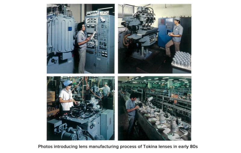 Four photos show workers operating machinery and assembling lenses in a factory during the early 1980s, illustrating the manufacturing process of Tokina lenses.