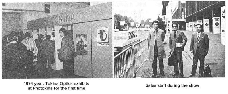 Two black-and-white photos: Left, people gather at a Tokina Optics booth at a trade show in 1974. Right, three sales staff in suits and coats stand outside on a city street during the show.