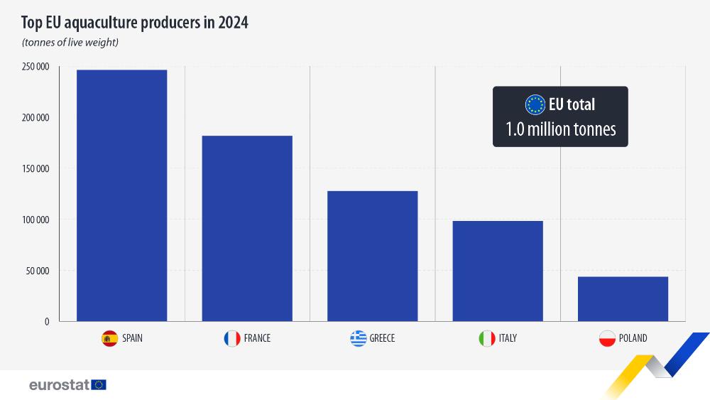 Top EU aquaculture producers in 2024  (tonnes of live weight). Chart. See link to the full dataset below.