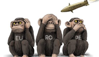 Cartoon three monkeys ignoring terrorism