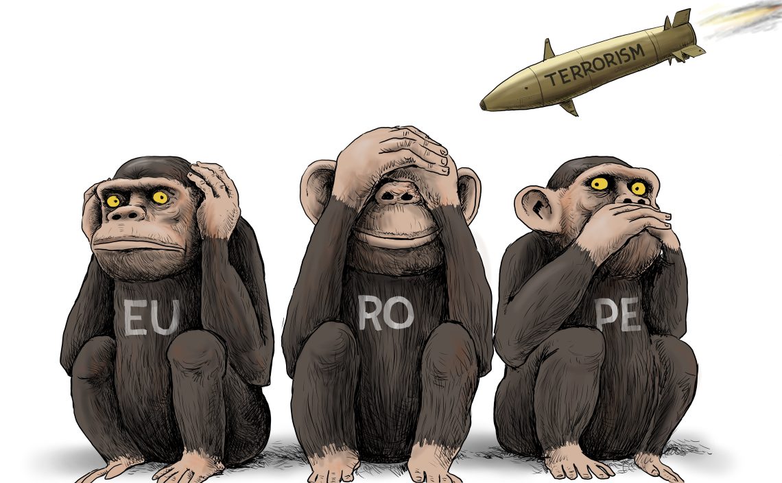 Cartoon three monkeys ignoring terrorism