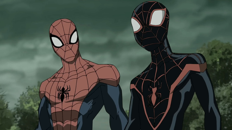 Peter Parker and Miles Morales stand side-by-side in 