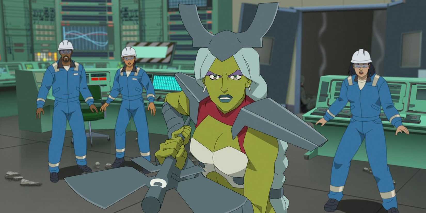 Universa aiming a spear in Invincible season 4 episode 1