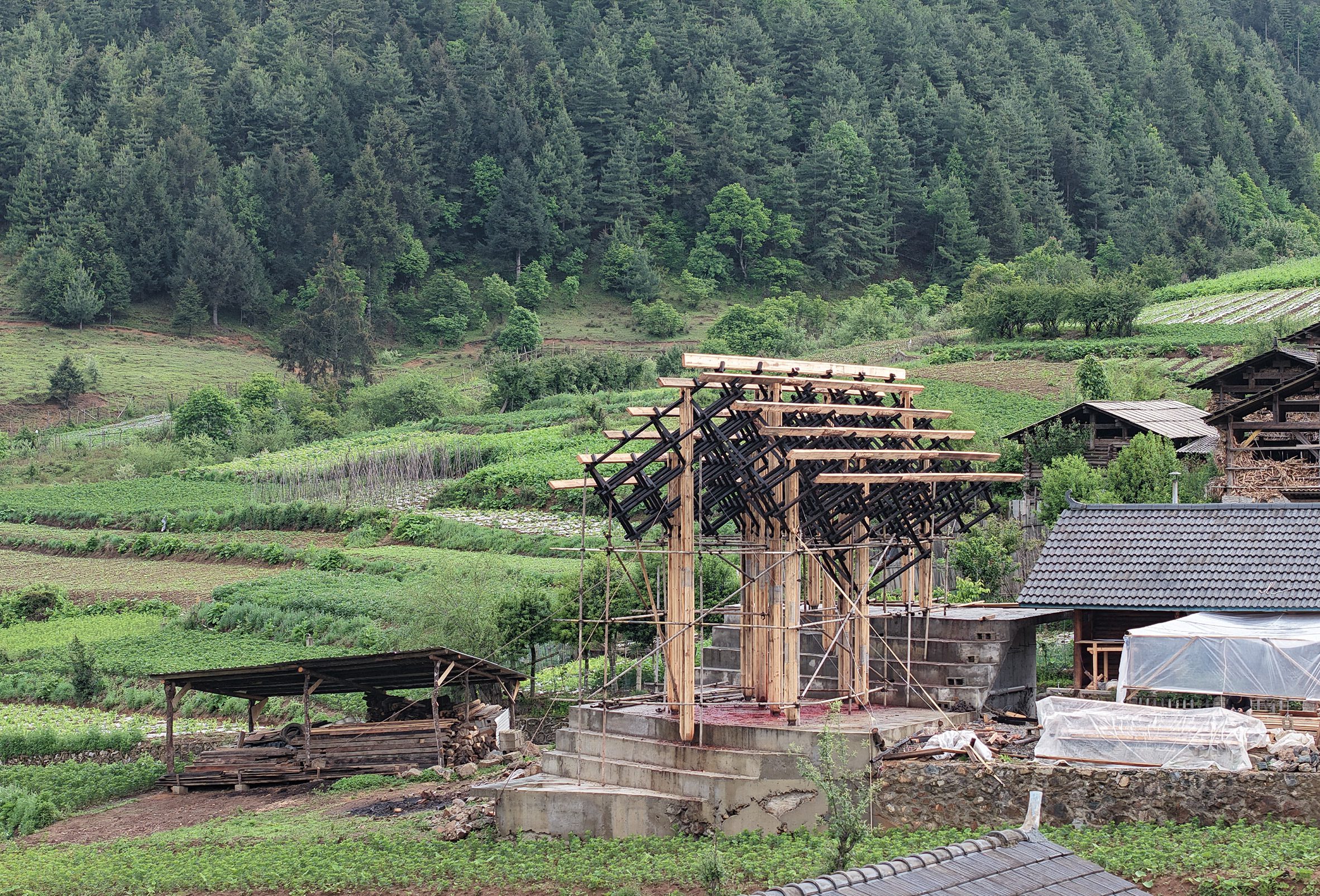 a photograph of a wooden building structure