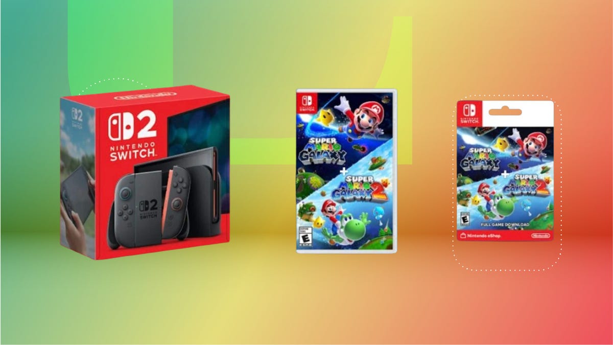 From left: Nintendo Switch 2 box, Super Mario Galaxy 1 and 2. Background: green, yellow and red-orange.