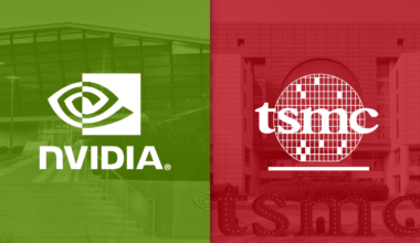 Side-by-side Nvidia and TSMC logos superimposed over their respective headquarters.